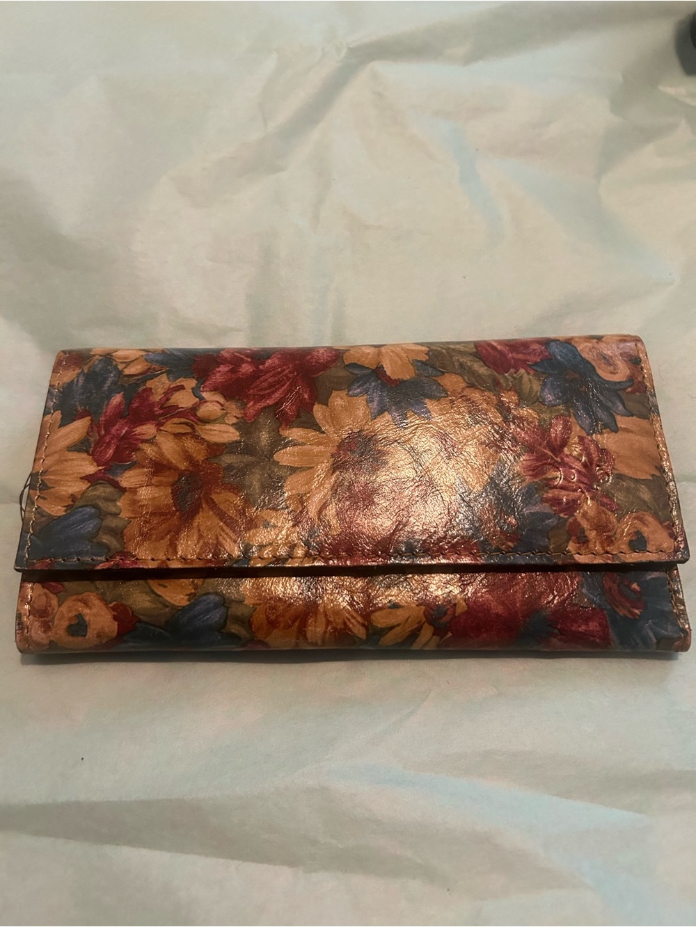 Patricia Nash Floral Fold-Over Leather Clutch Wallet in Red, Gold, Blue